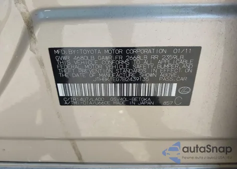 2011 Lexus Es 350 from USA, damaged, VIN JTHBK1EG7B2439135